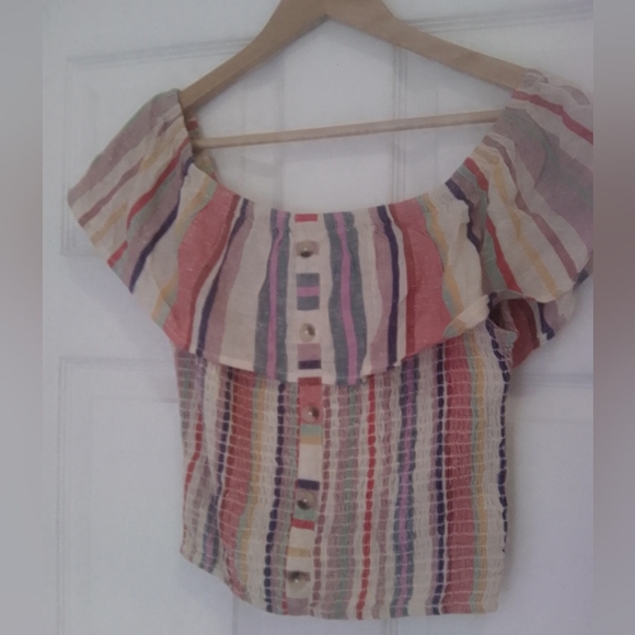 dizzire Tops - Dizzire Off The Shoulder Rainbow Striped Top